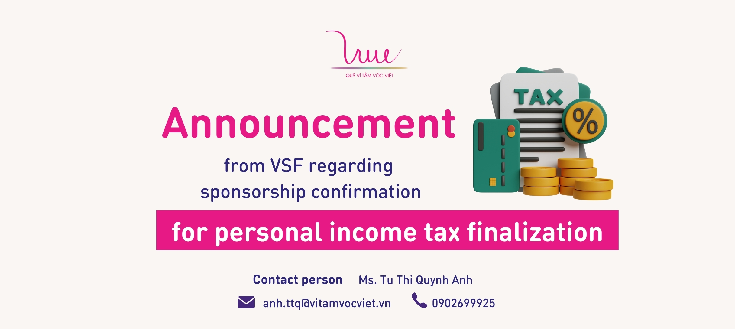 Announcement from For Vietnamese Stature Foundation regarding sponsorship confirmation for personal income tax finalization